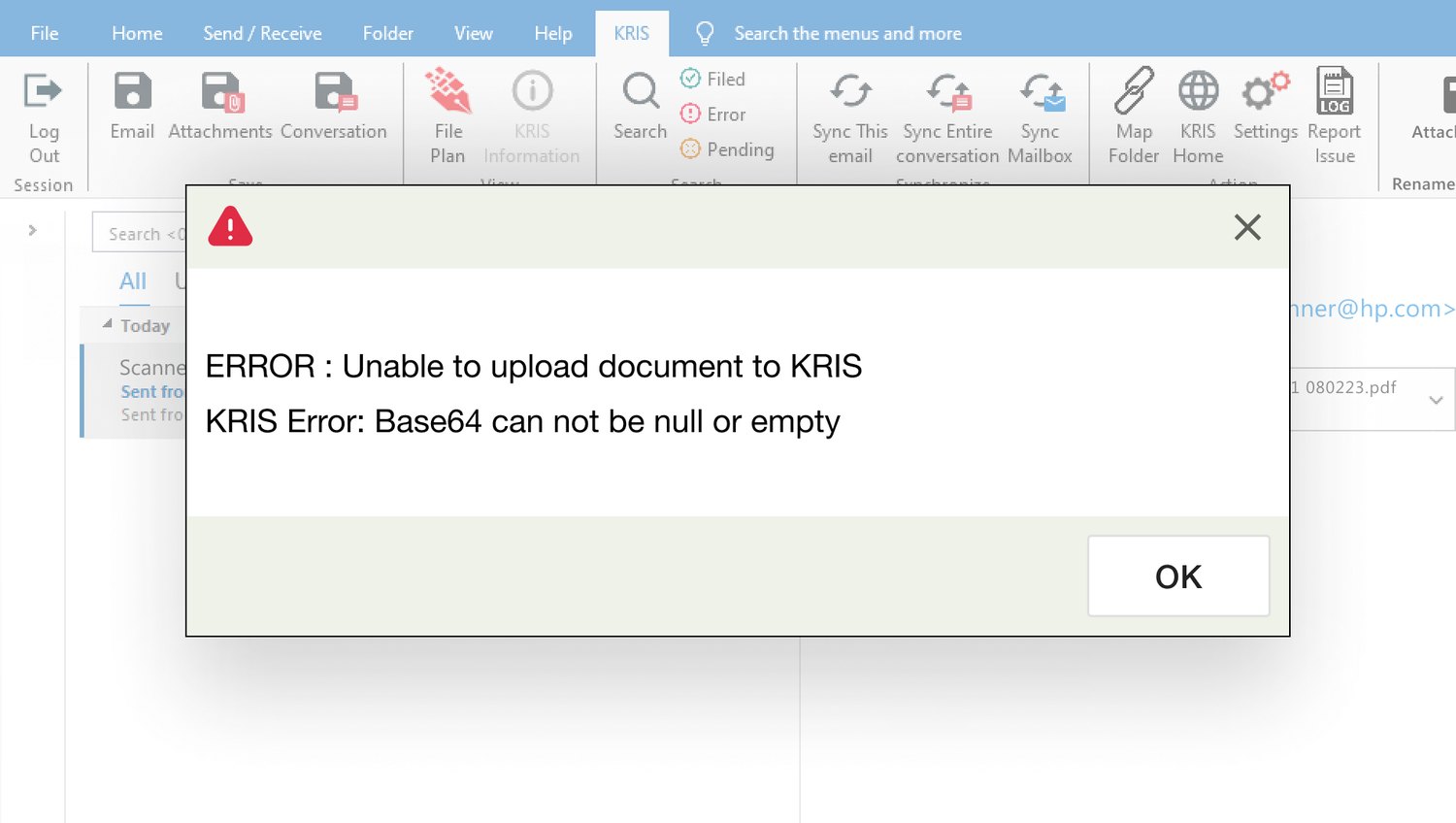 A cryptic KRIS error dialog in the Outlook plugin