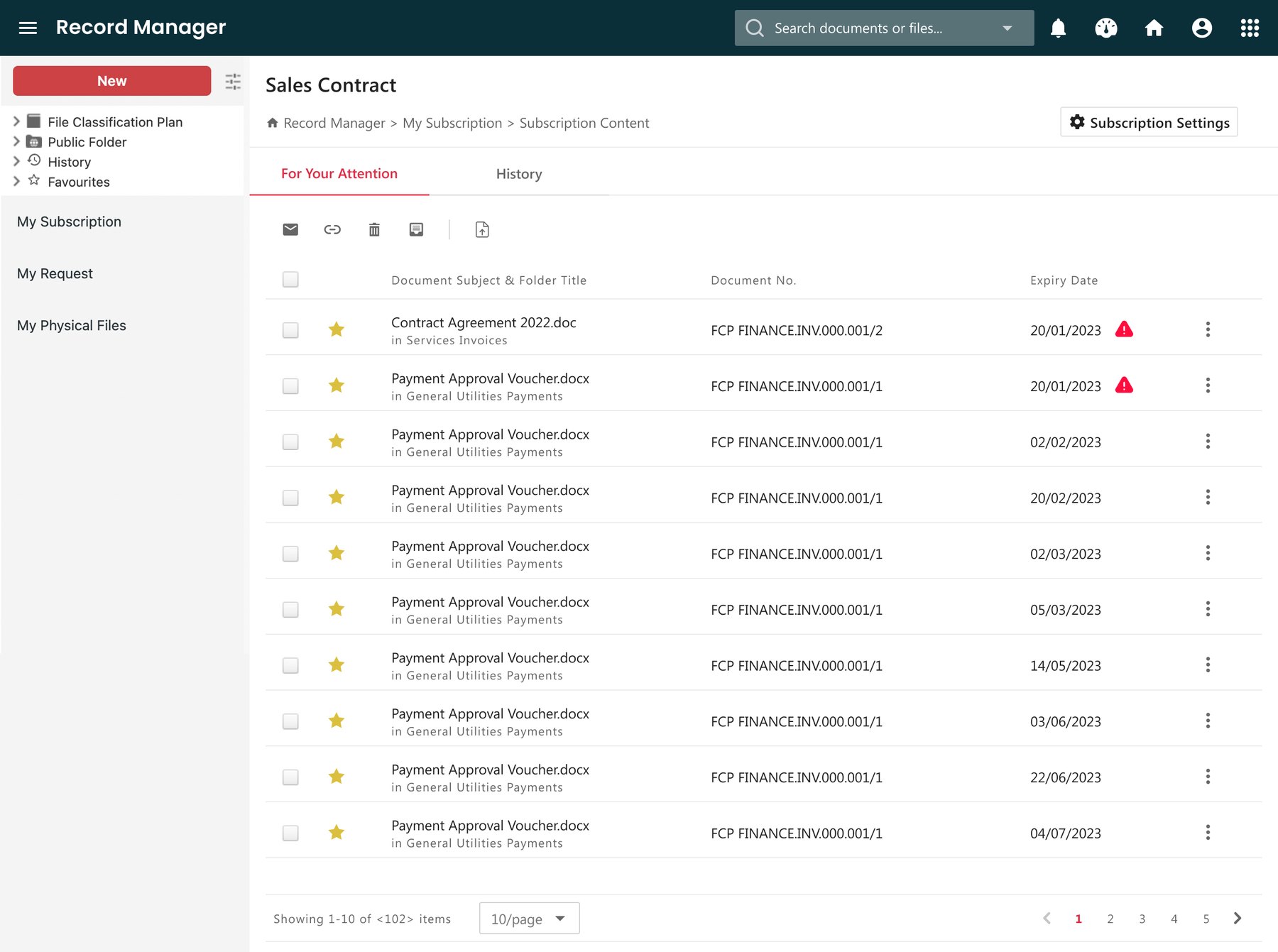 KRIS subscription list showing documents with expiry warnings