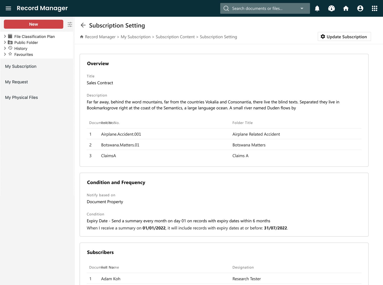 The subscription overview: folders, condition and subscribers