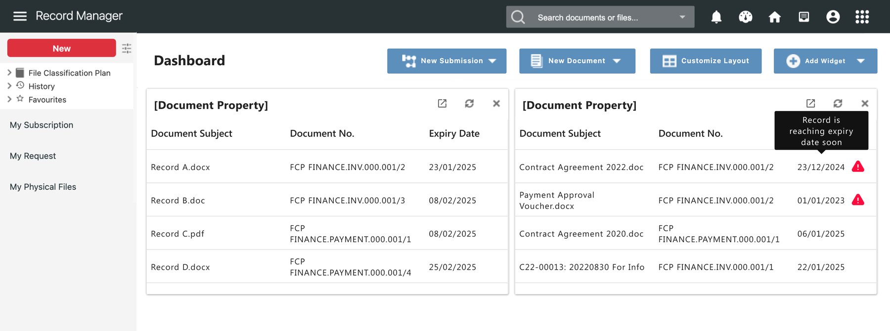 KRIS main dashboard with reminder widgets