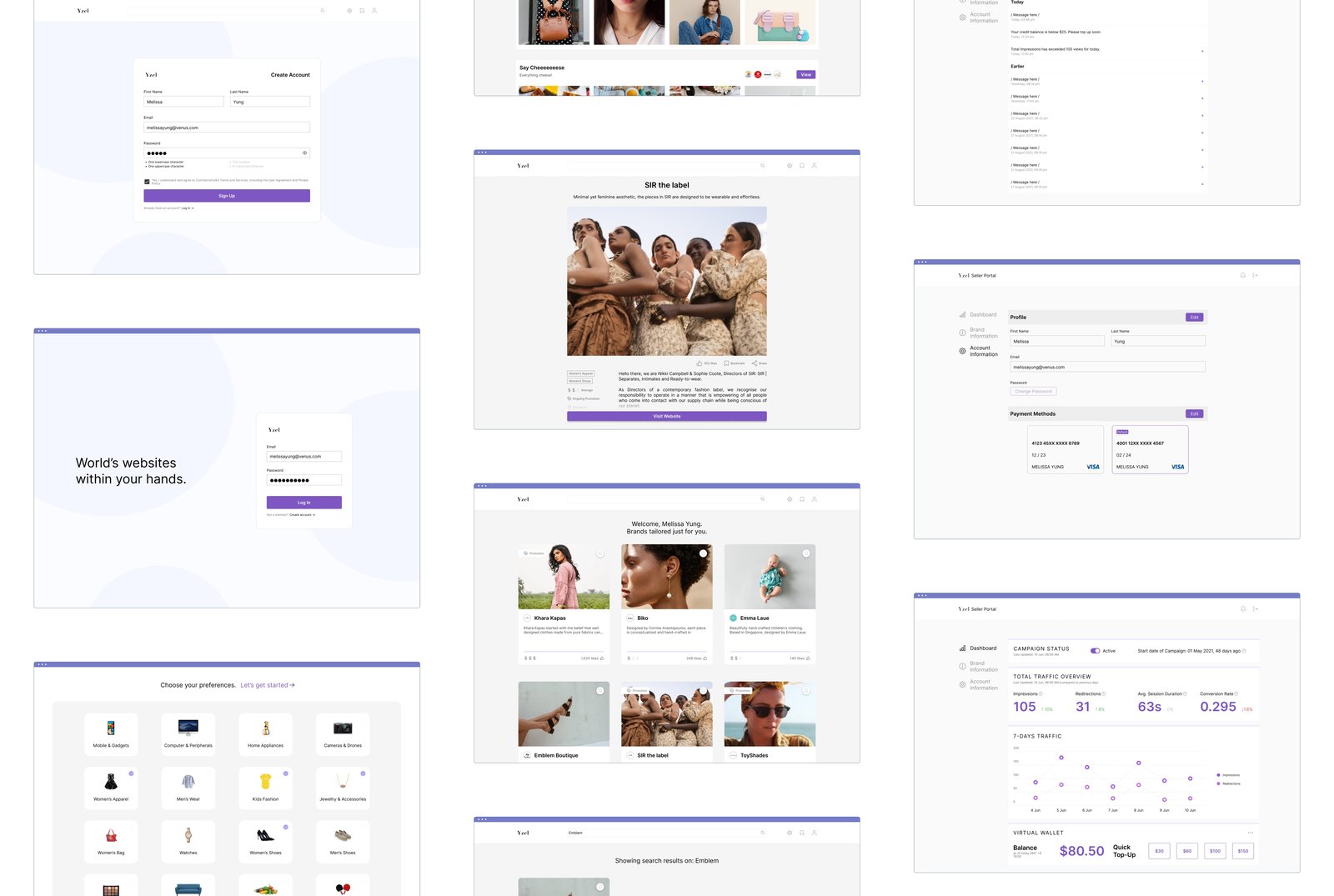 The Yzel product: feed, brand pages, sign-up and seller portal