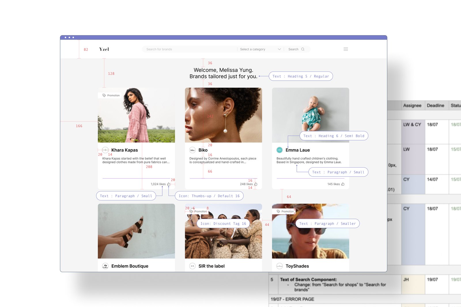The design handoff document tracking features and status