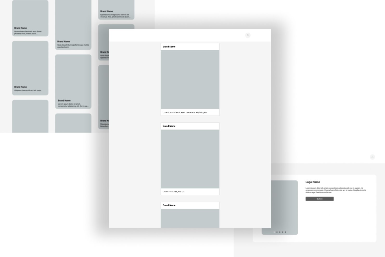 Low-fidelity wireframes of the brand feed